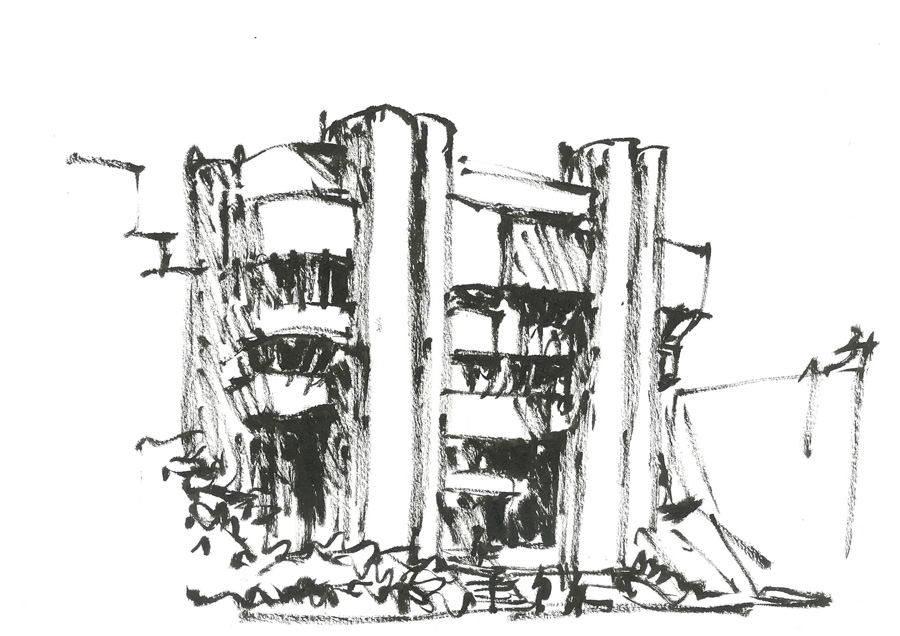 A pencil drawing of a brutalist building